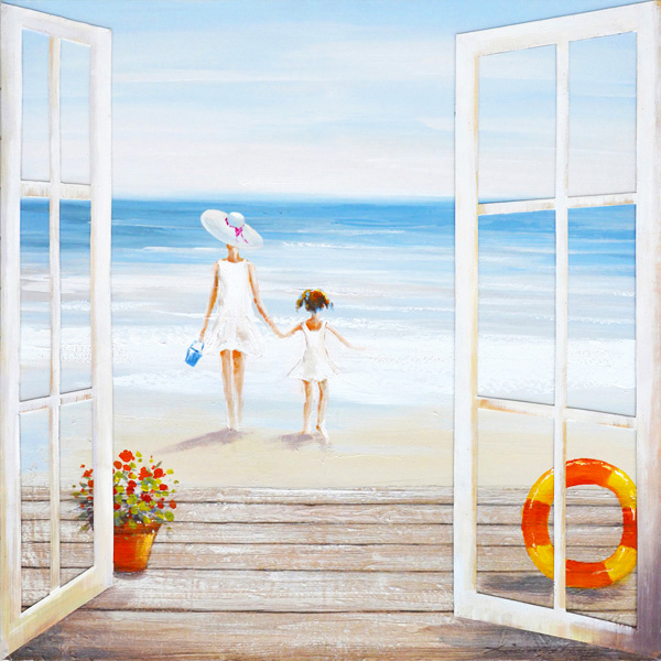 PXFC315 Wall décor art oil on canvas seascape lady and child on beach blue white tones